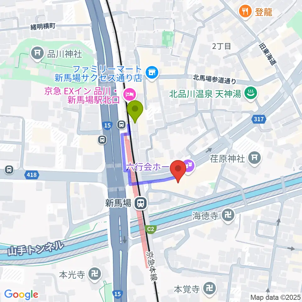 六行会ホールの最寄駅新馬場駅からの徒歩ルート（約2分）地図