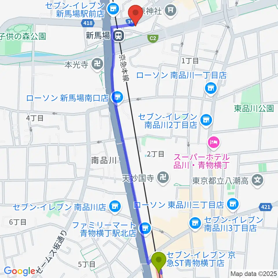 青物横丁駅から六行会ホールへのルートマップ地図