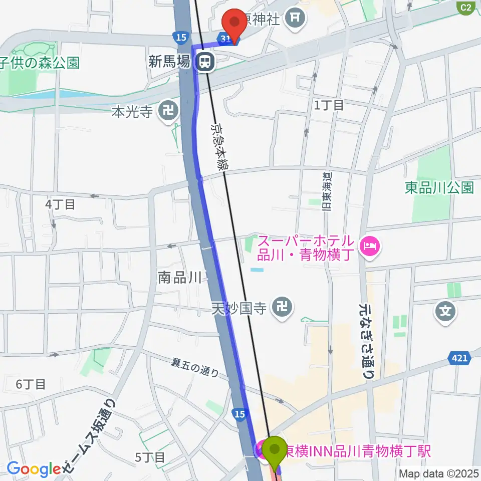 青物横丁駅から六行会ホールへのルートマップ地図