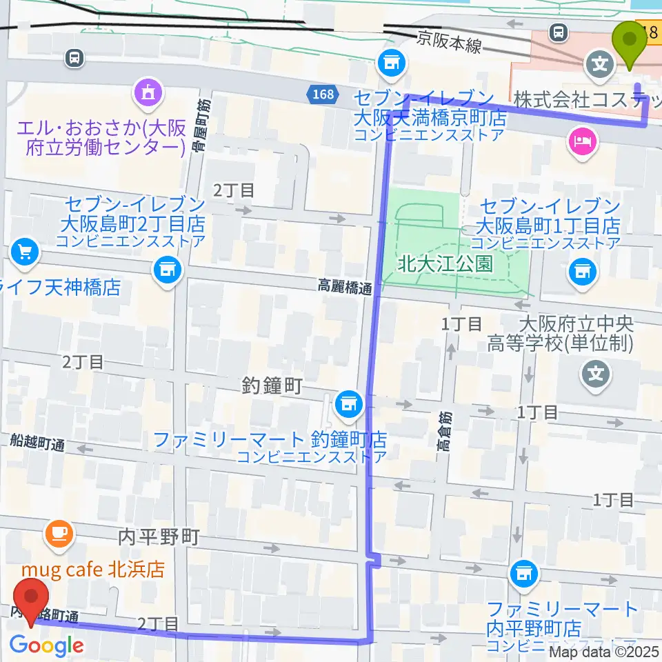 SKS音楽教室の最寄駅天満橋駅からの徒歩ルート（約10分）地図