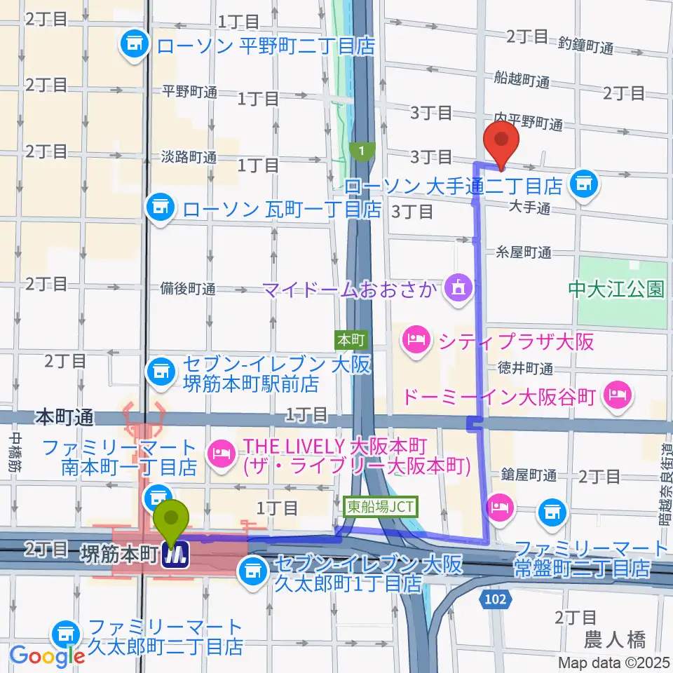 堺筋本町駅からSKS音楽教室へのルートマップ地図