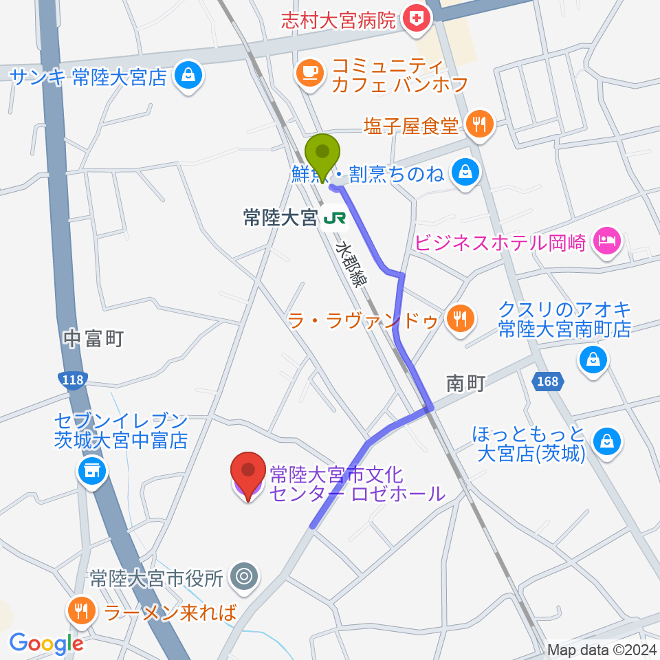 常陸大宮市文化センター ロゼホールの最寄駅常陸大宮駅からの徒歩ルート（約8分）地図