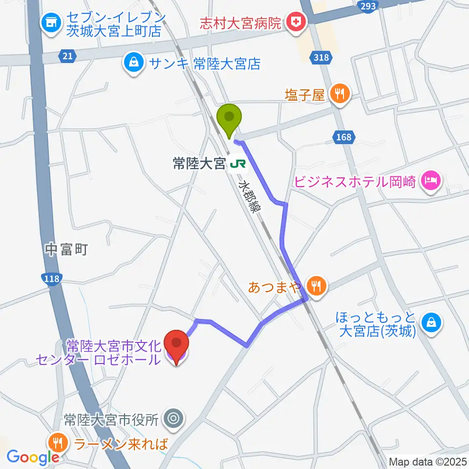 常陸大宮市文化センター ロゼホールの最寄駅常陸大宮駅からの徒歩ルート（約8分）地図