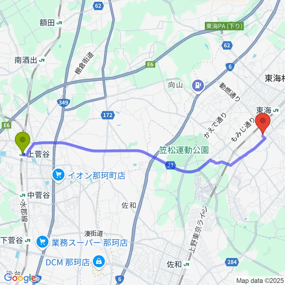 上菅谷駅から東海文化センターへのルートマップ地図