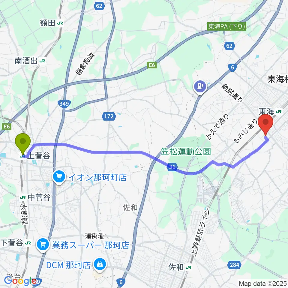 上菅谷駅から東海文化センターへのルートマップ地図