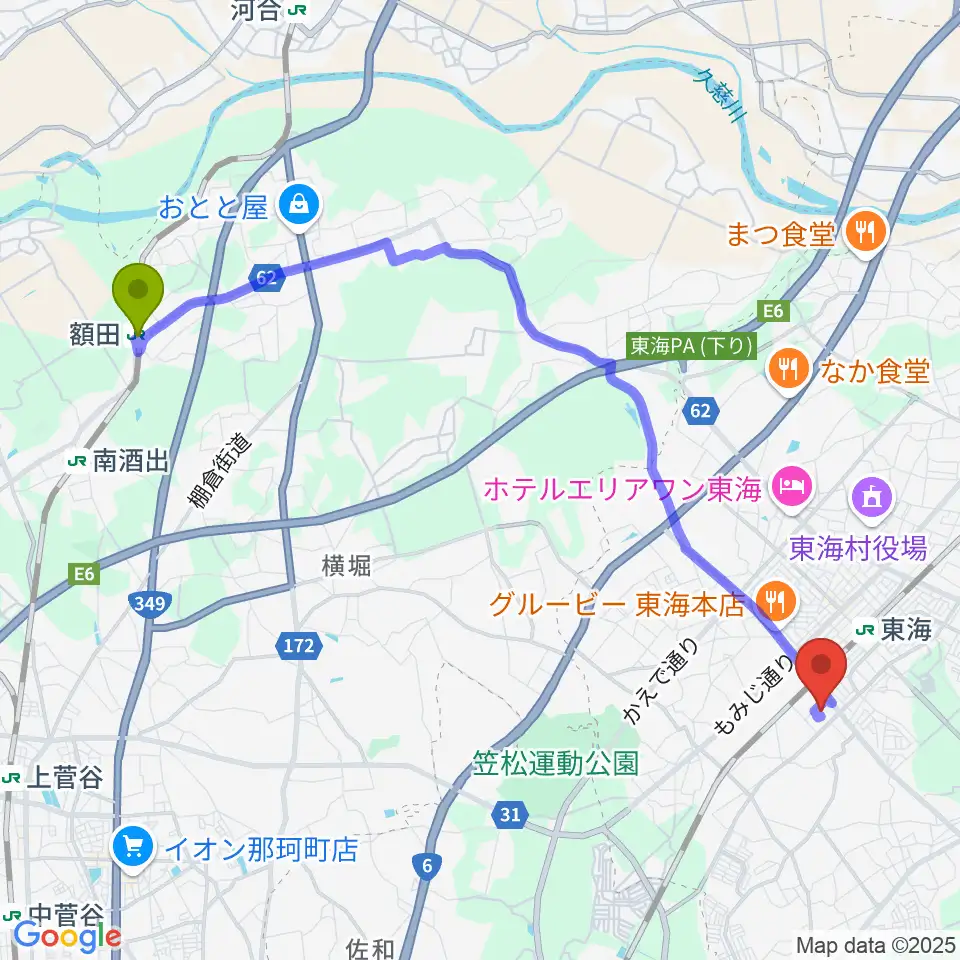 額田駅から東海文化センターへのルートマップ地図
