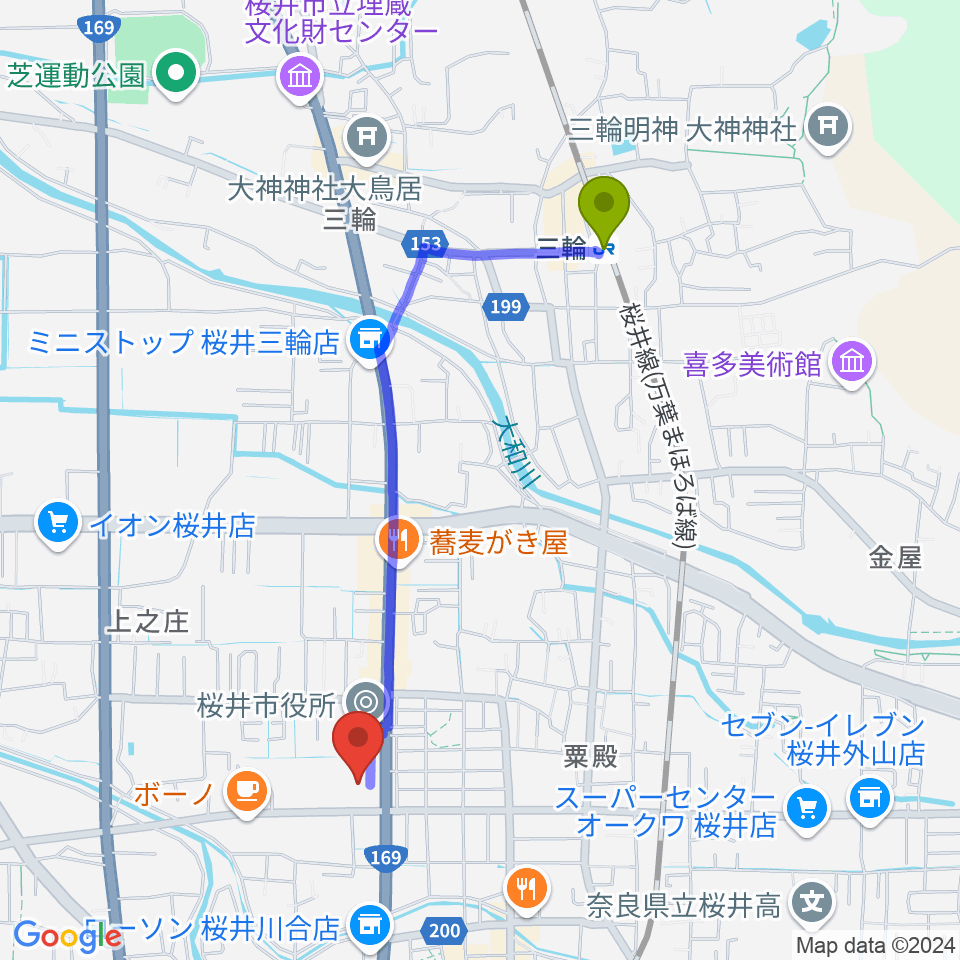 三輪駅から桜井市民会館へのルートマップ地図