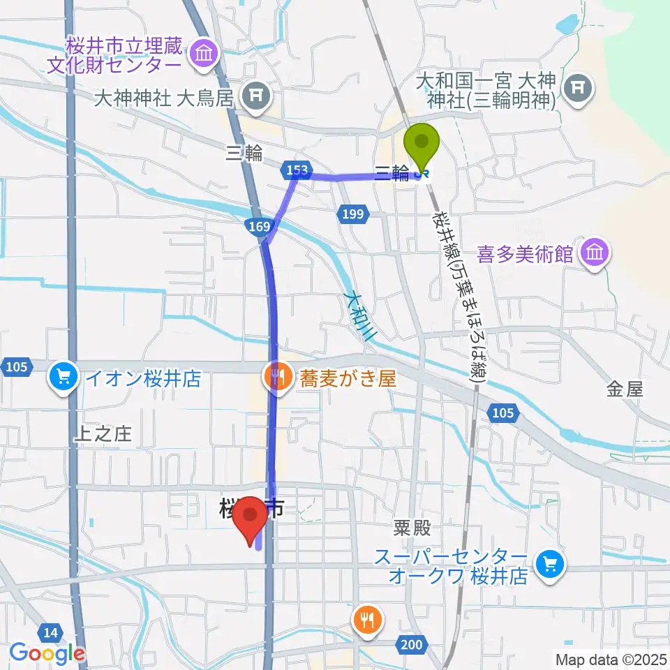 三輪駅から桜井市民会館へのルートマップ地図