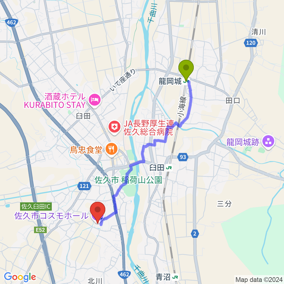 龍岡城駅から佐久市コスモホールへのルートマップ地図