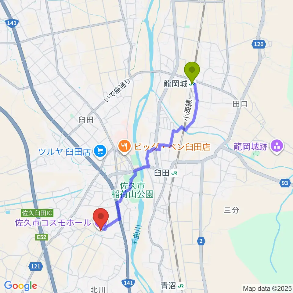 龍岡城駅から佐久市コスモホールへのルートマップ地図