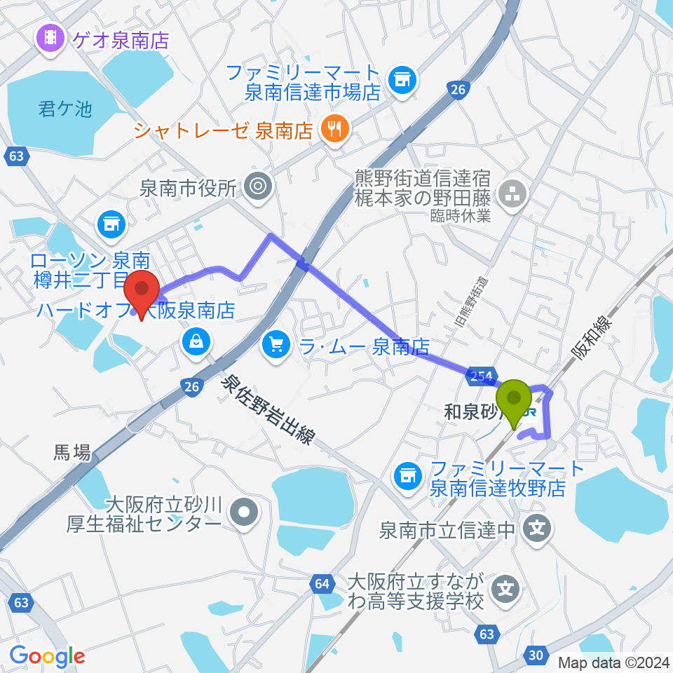 泉南市立文化ホールの最寄駅和泉砂川駅からの徒歩ルート（約18分）地図