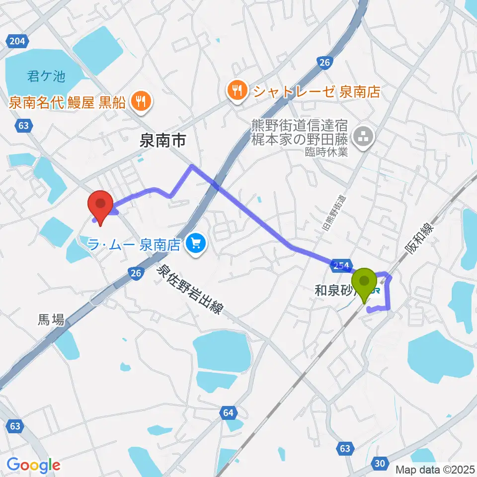 泉南市立文化ホールの最寄駅和泉砂川駅からの徒歩ルート（約18分）地図