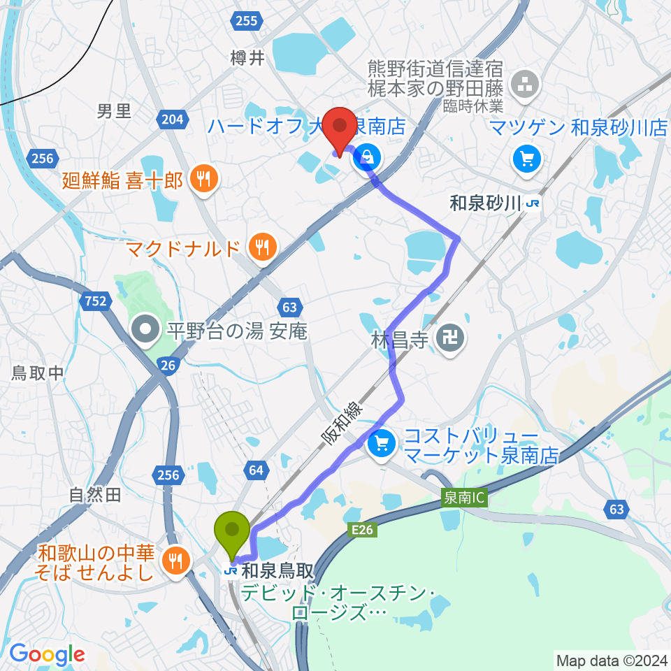 和泉鳥取駅から泉南市立文化ホールへのルートマップ地図