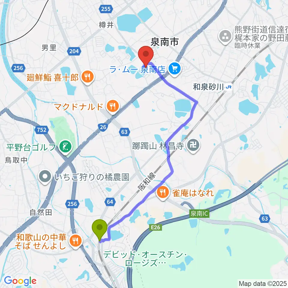 和泉鳥取駅から泉南市立文化ホールへのルートマップ地図