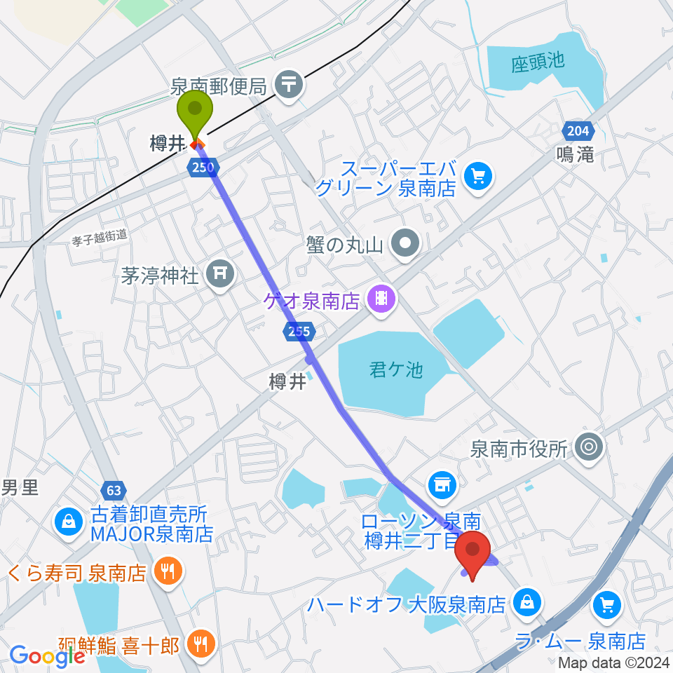 樽井駅から泉南市立文化ホールへのルートマップ地図