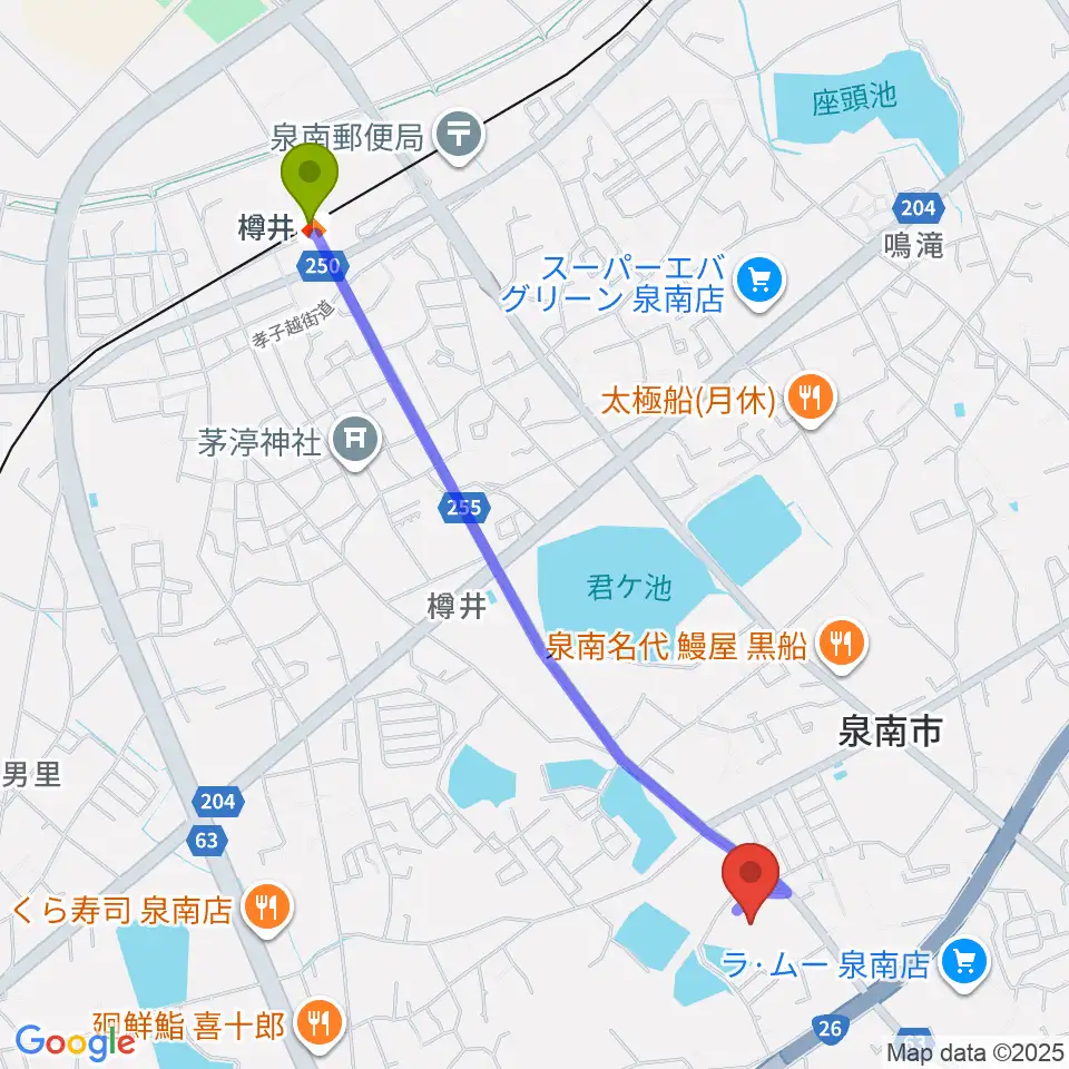 樽井駅から泉南市立文化ホールへのルートマップ地図