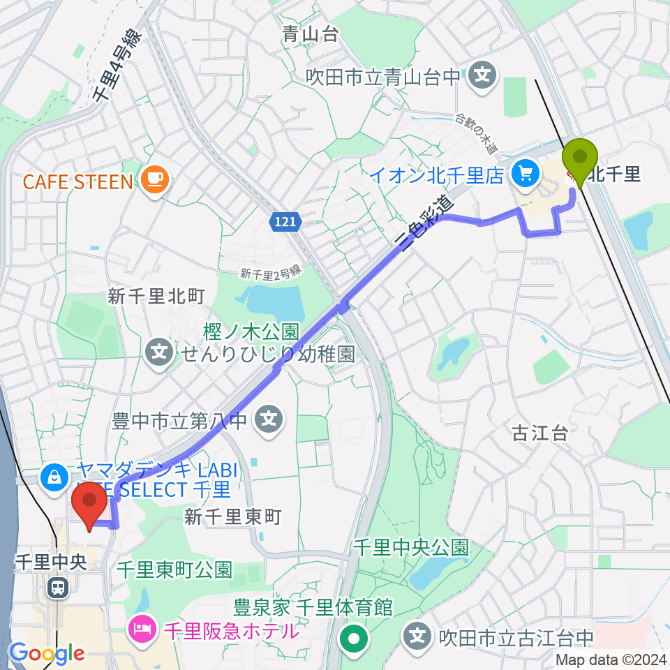 北千里駅から千里ライフサイエンスセンターへのルートマップ地図