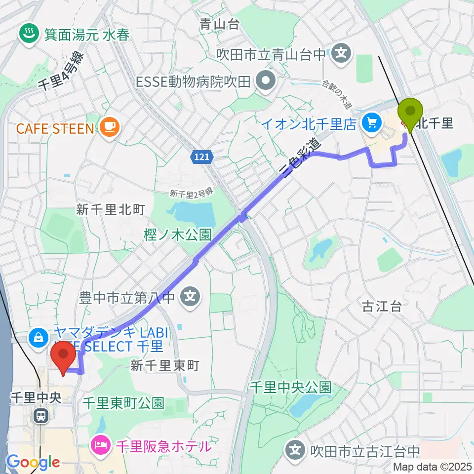 北千里駅から千里ライフサイエンスセンターへのルートマップ地図