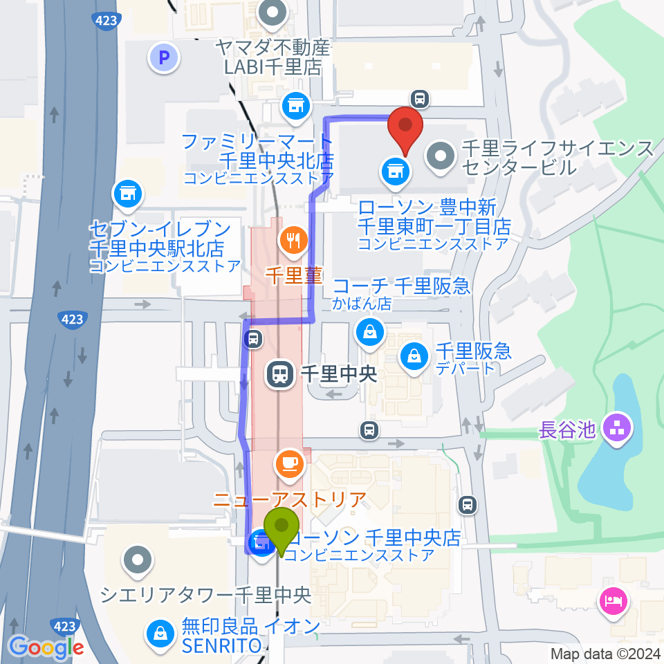 千里ライフサイエンスセンターの最寄駅千里中央駅からの徒歩ルート（約5分）地図