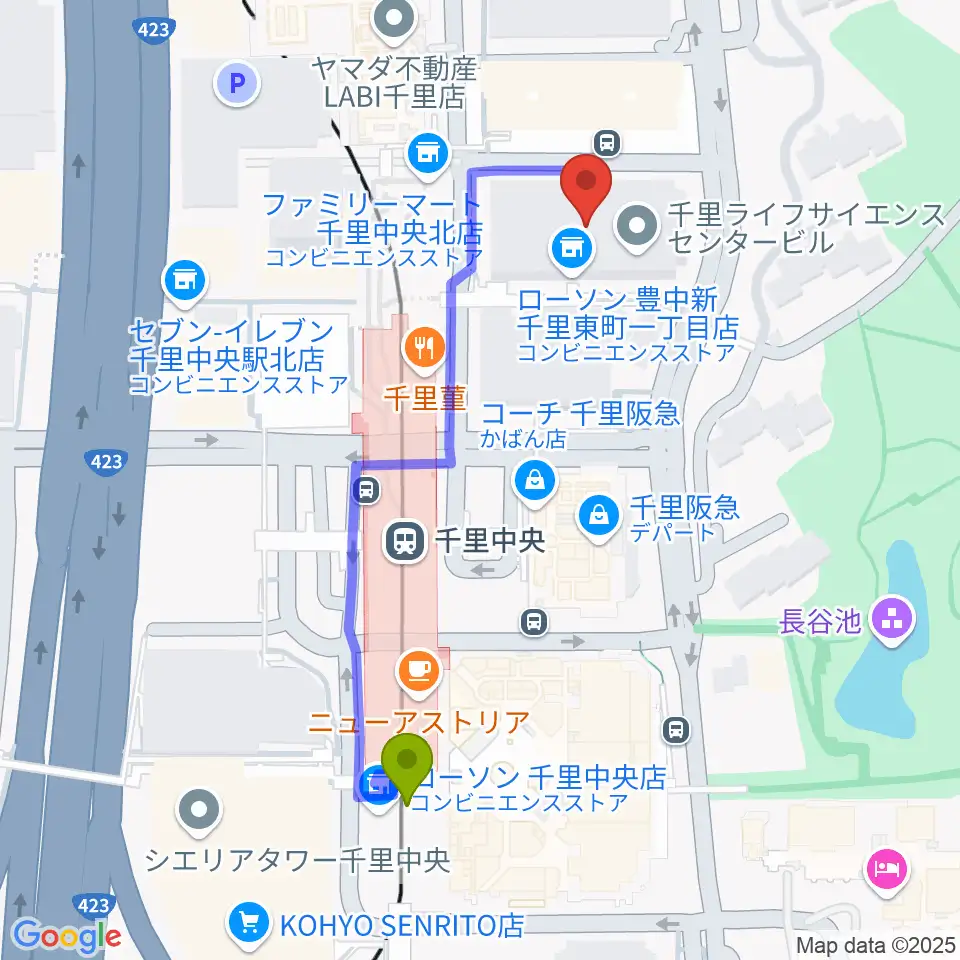 千里ライフサイエンスセンターの最寄駅千里中央駅からの徒歩ルート（約5分）地図