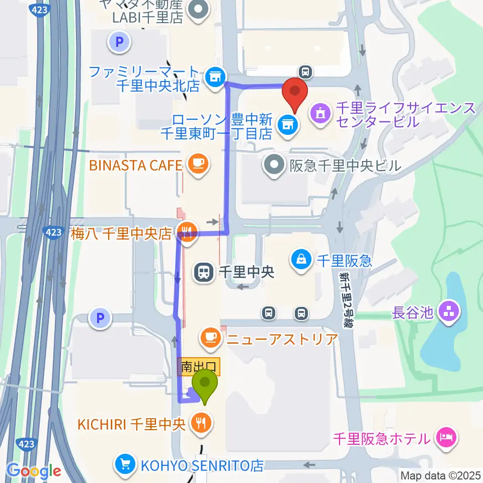 千里ライフサイエンスセンターの最寄駅千里中央駅からの徒歩ルート（約5分）地図