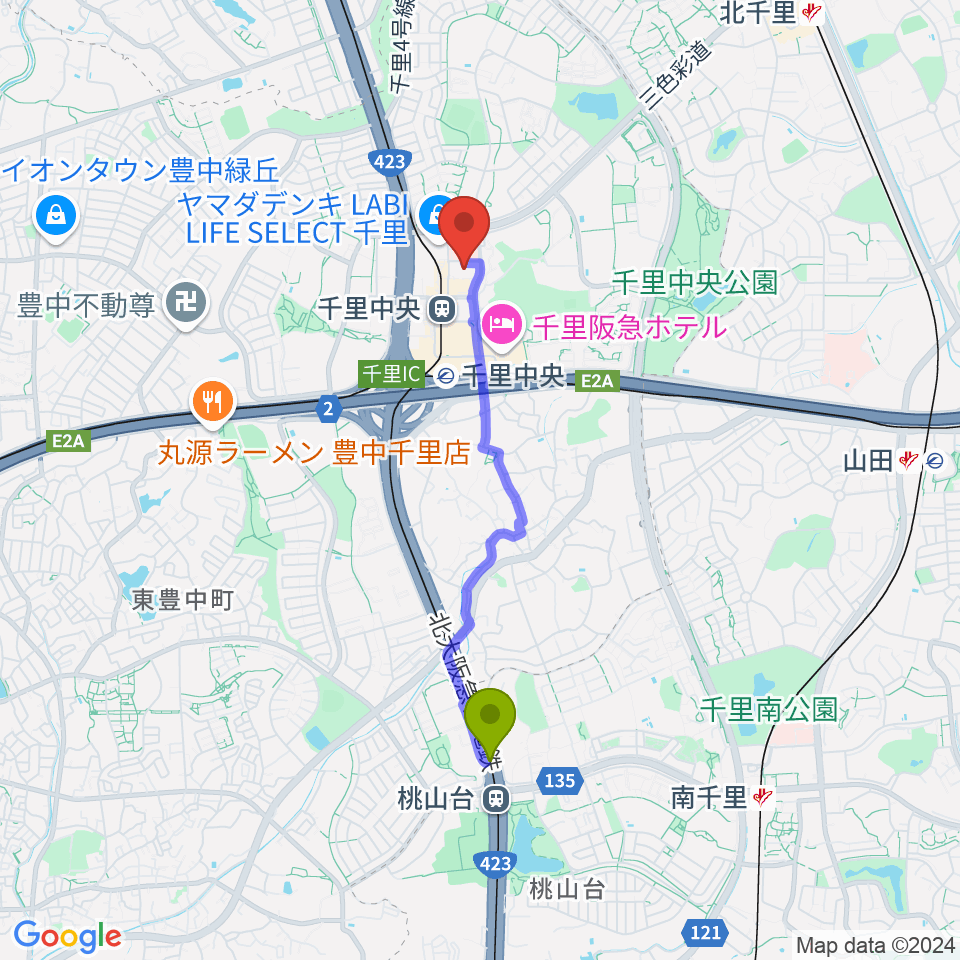 桃山台駅から千里ライフサイエンスセンターへのルートマップ地図