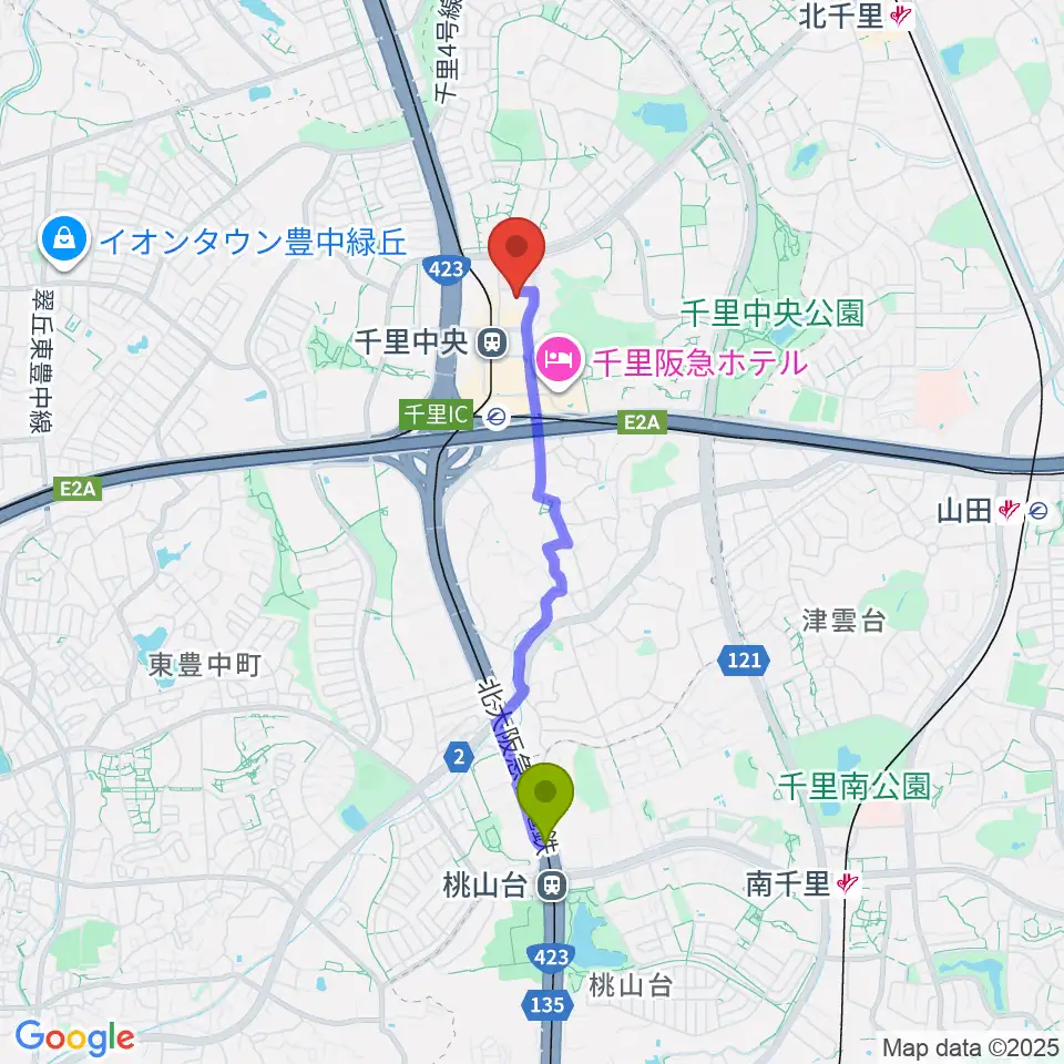 桃山台駅から千里ライフサイエンスセンターへのルートマップ地図