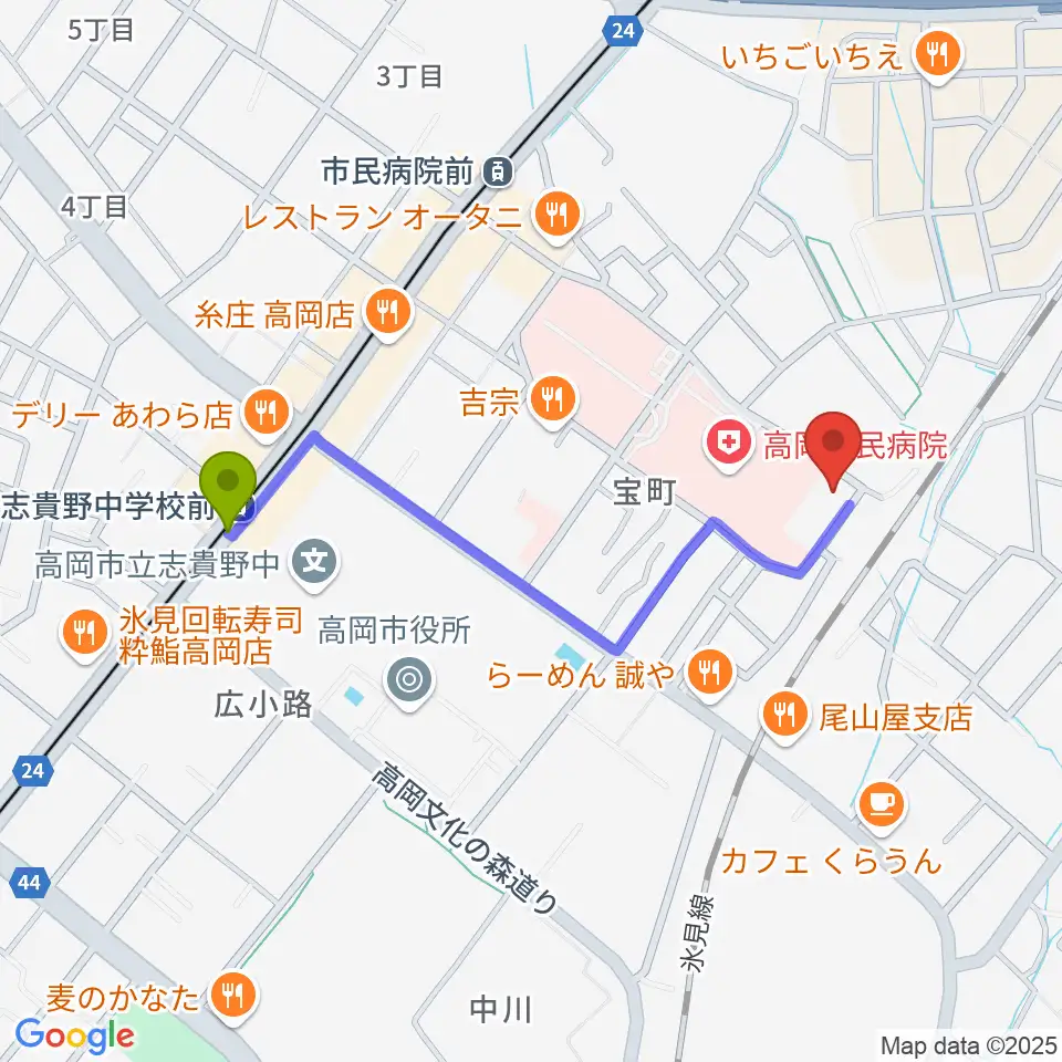 志貴野中学校前駅から高岡市文化芸能館へのルートマップ地図