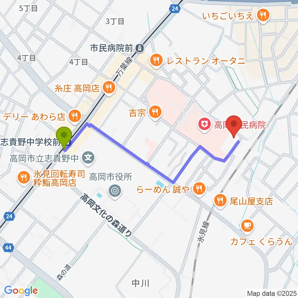 志貴野中学校前駅から高岡市文化芸能館へのルートマップ地図