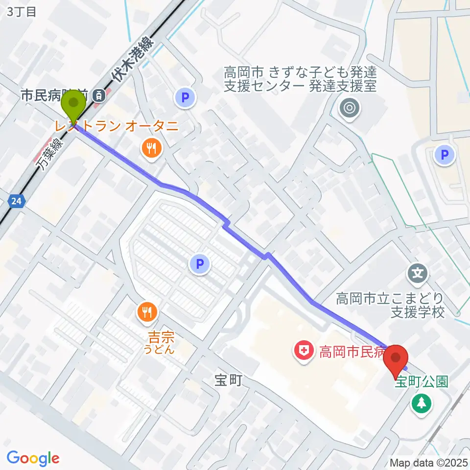 高岡市文化芸能館の最寄駅市民病院前駅からの徒歩ルート（約7分）地図