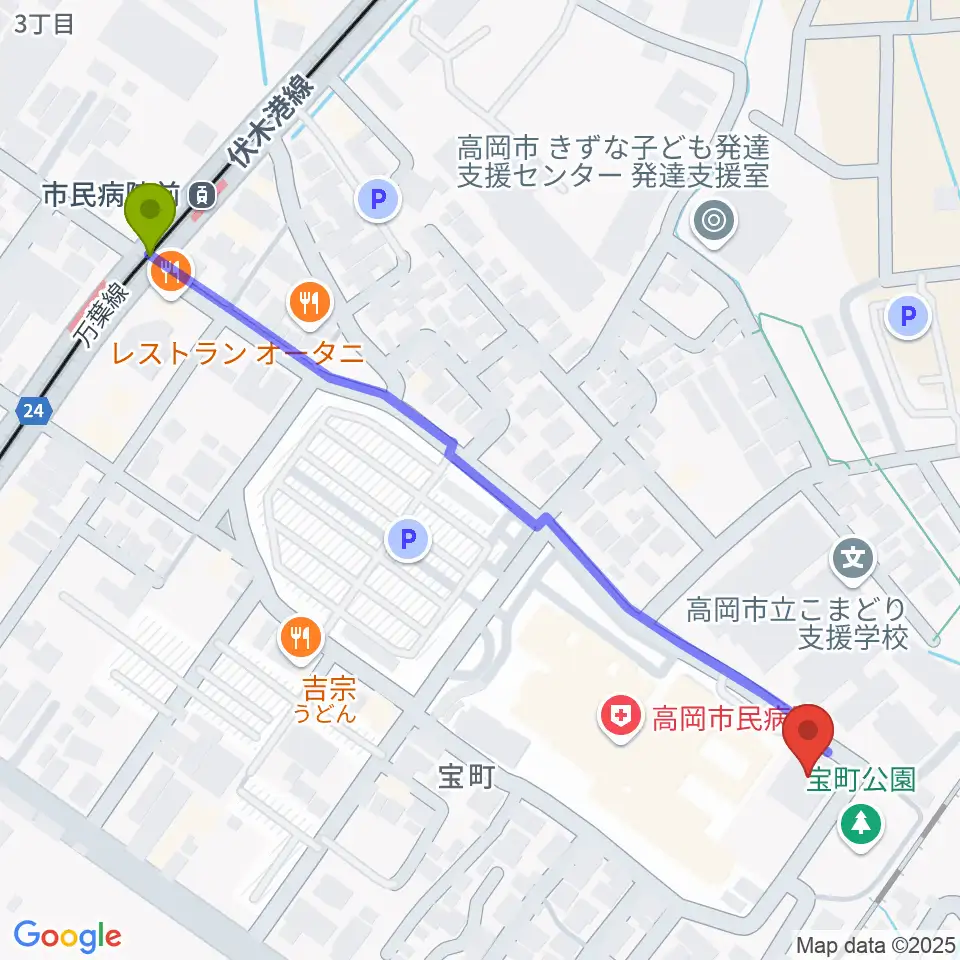 高岡市文化芸能館の最寄駅市民病院前駅からの徒歩ルート（約7分）地図