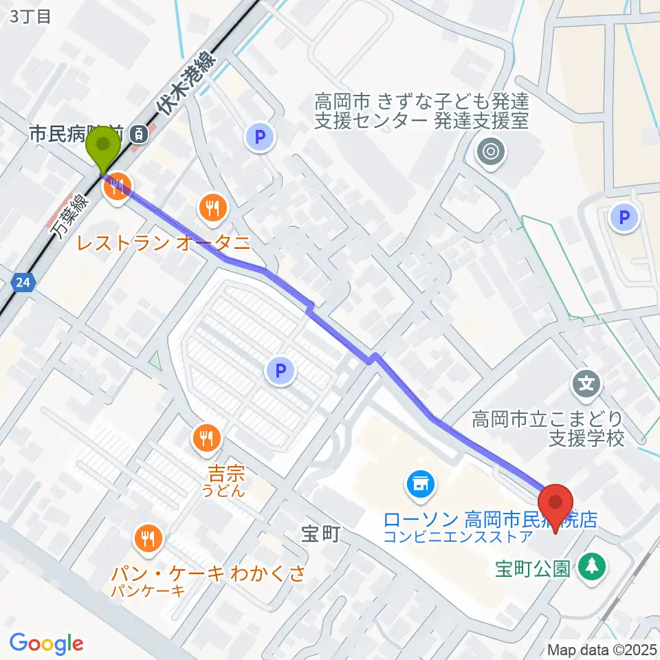 高岡市文化芸能館の最寄駅市民病院前駅からの徒歩ルート（約7分）地図
