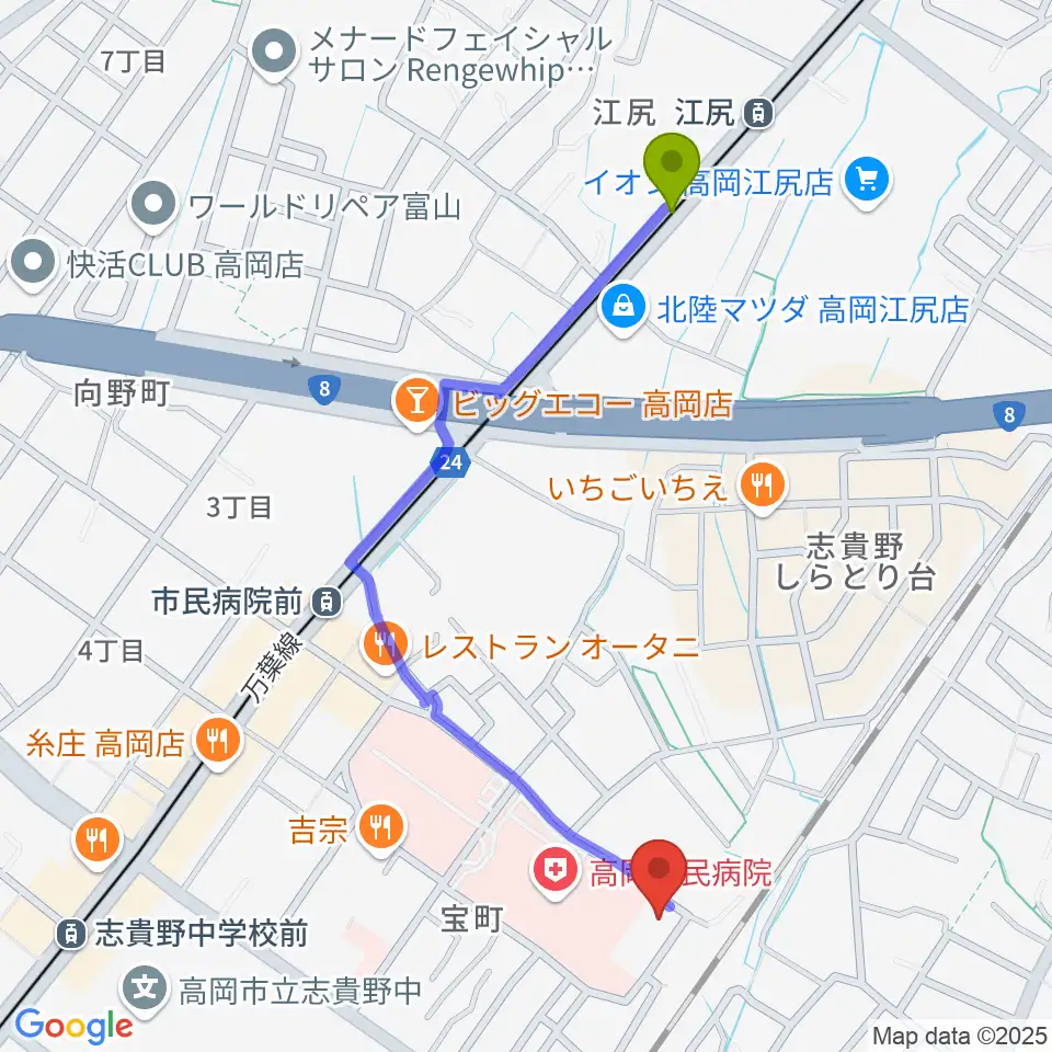 江尻駅から高岡市文化芸能館へのルートマップ地図