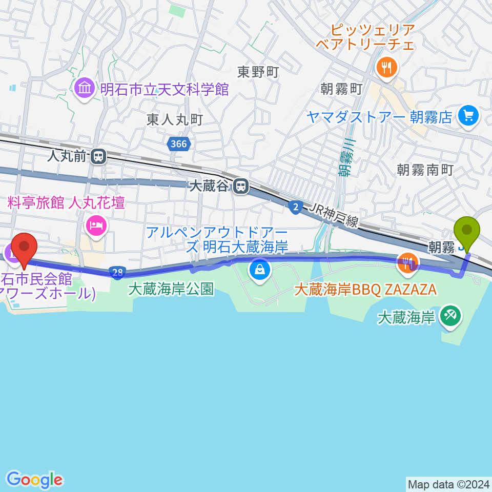 朝霧駅から明石市立市民会館アワーズホールへのルートマップ Mdata