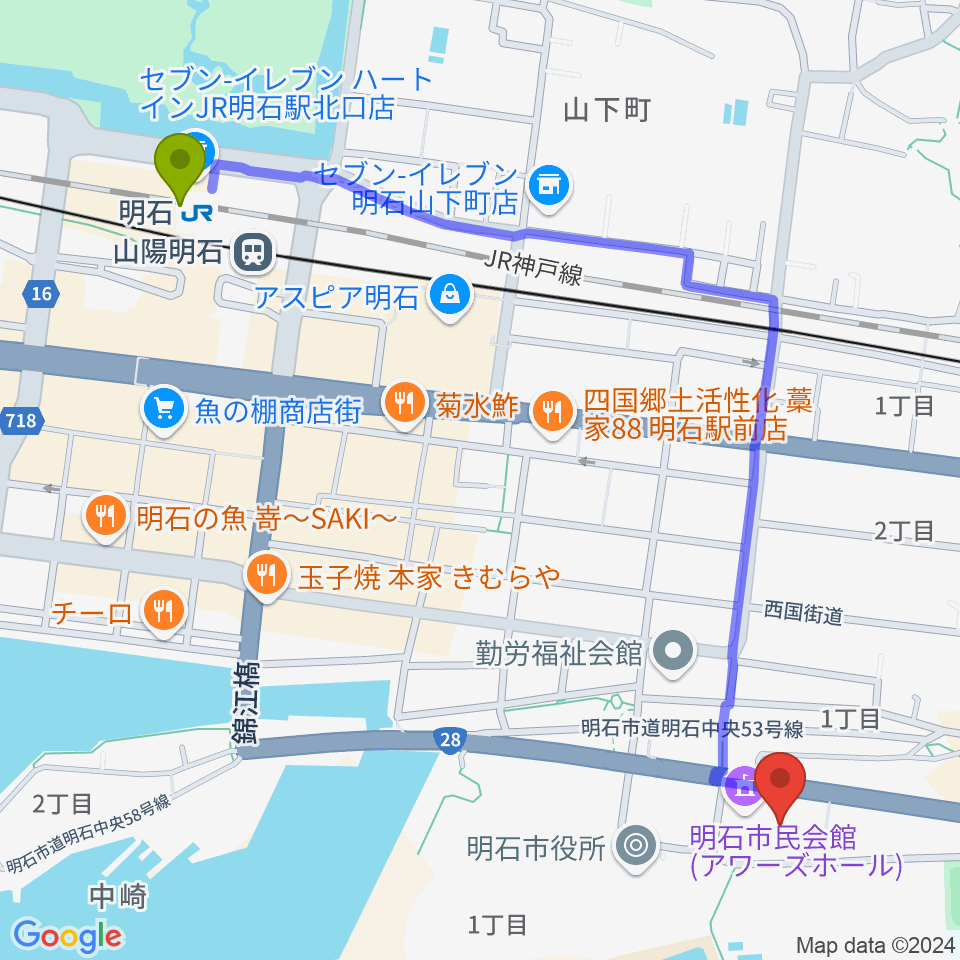 明石駅から明石市立市民会館アワーズホールへのルートマップ Mdata