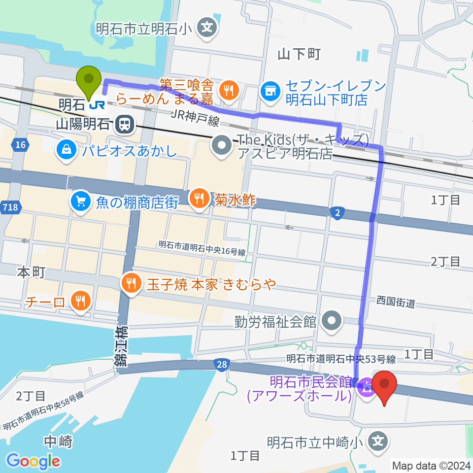 明石駅から明石市立市民会館アワーズホールへのルートマップ地図