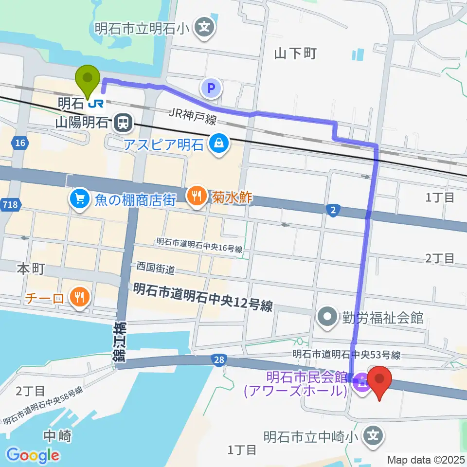 明石駅から明石市立市民会館アワーズホールへのルートマップ地図