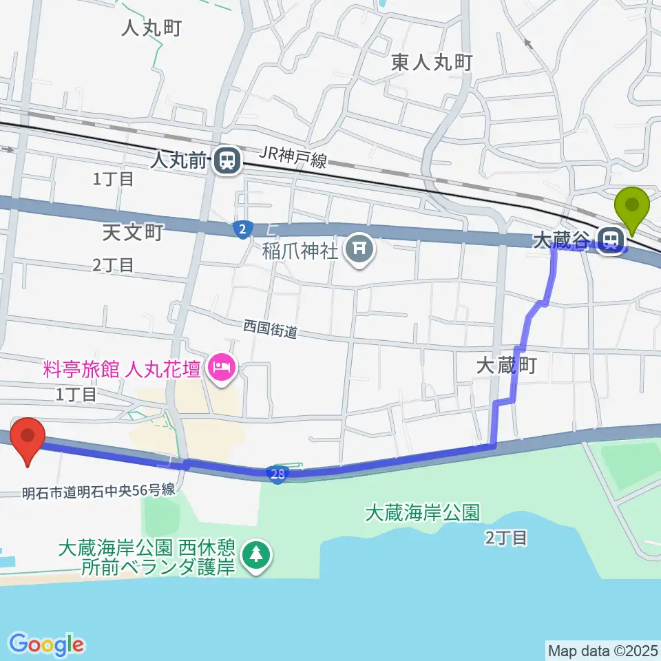 大蔵谷駅から明石市立市民会館アワーズホールへのルートマップ地図