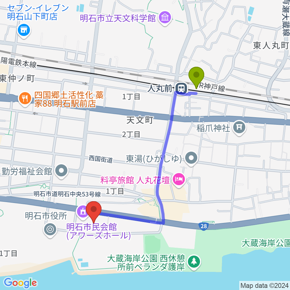 明石市立市民会館アワーズホールの最寄駅人丸前駅からの徒歩ルート 約9分 Mdata