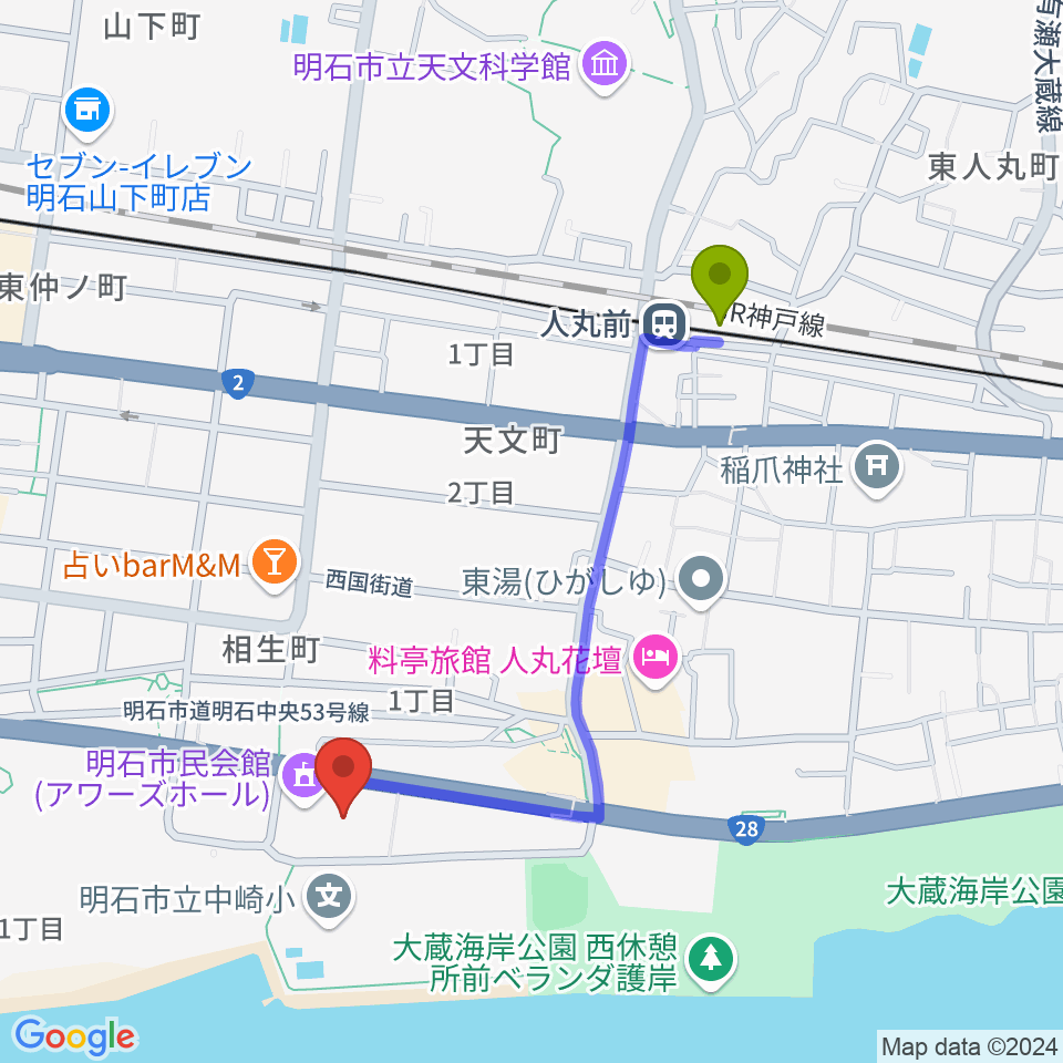 明石市立市民会館アワーズホールの最寄駅人丸前駅からの徒歩ルート（約9分）地図