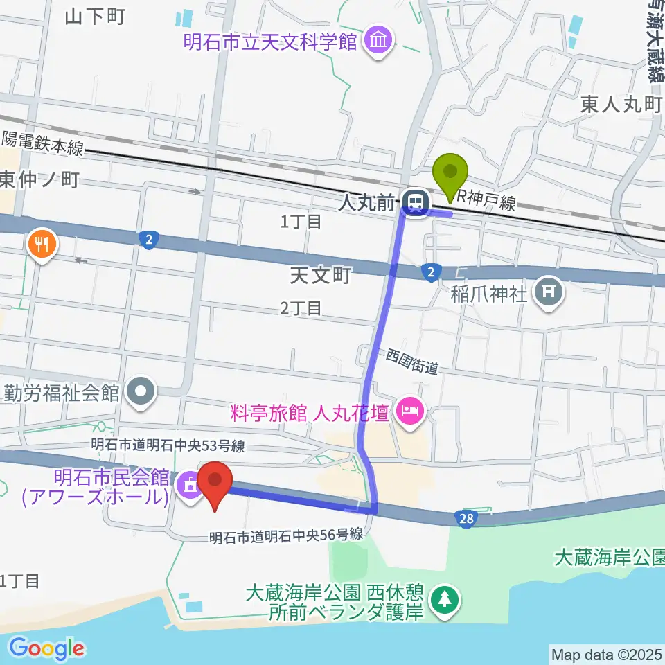 明石市立市民会館アワーズホールの最寄駅人丸前駅からの徒歩ルート（約9分）地図