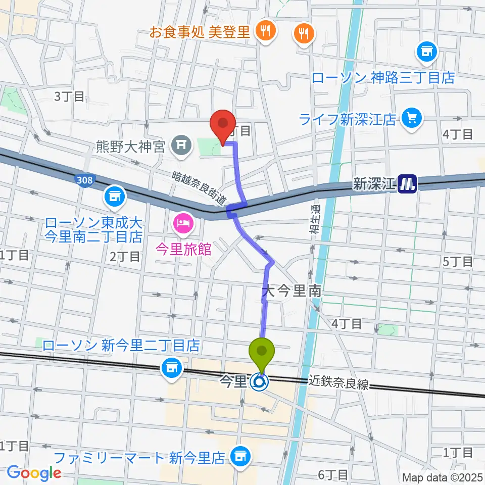 今里駅から羽賀エレキベース・ウクレレ教室へのルートマップ地図