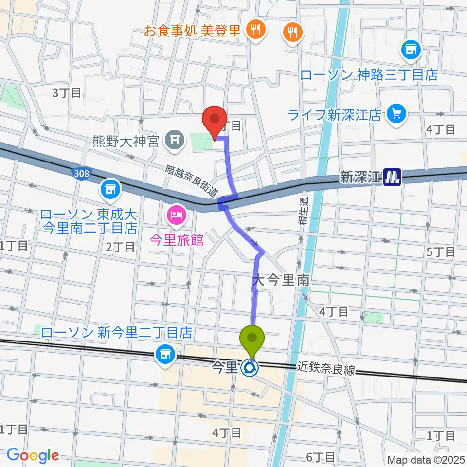 今里駅から羽賀エレキベース・ウクレレ教室へのルートマップ地図