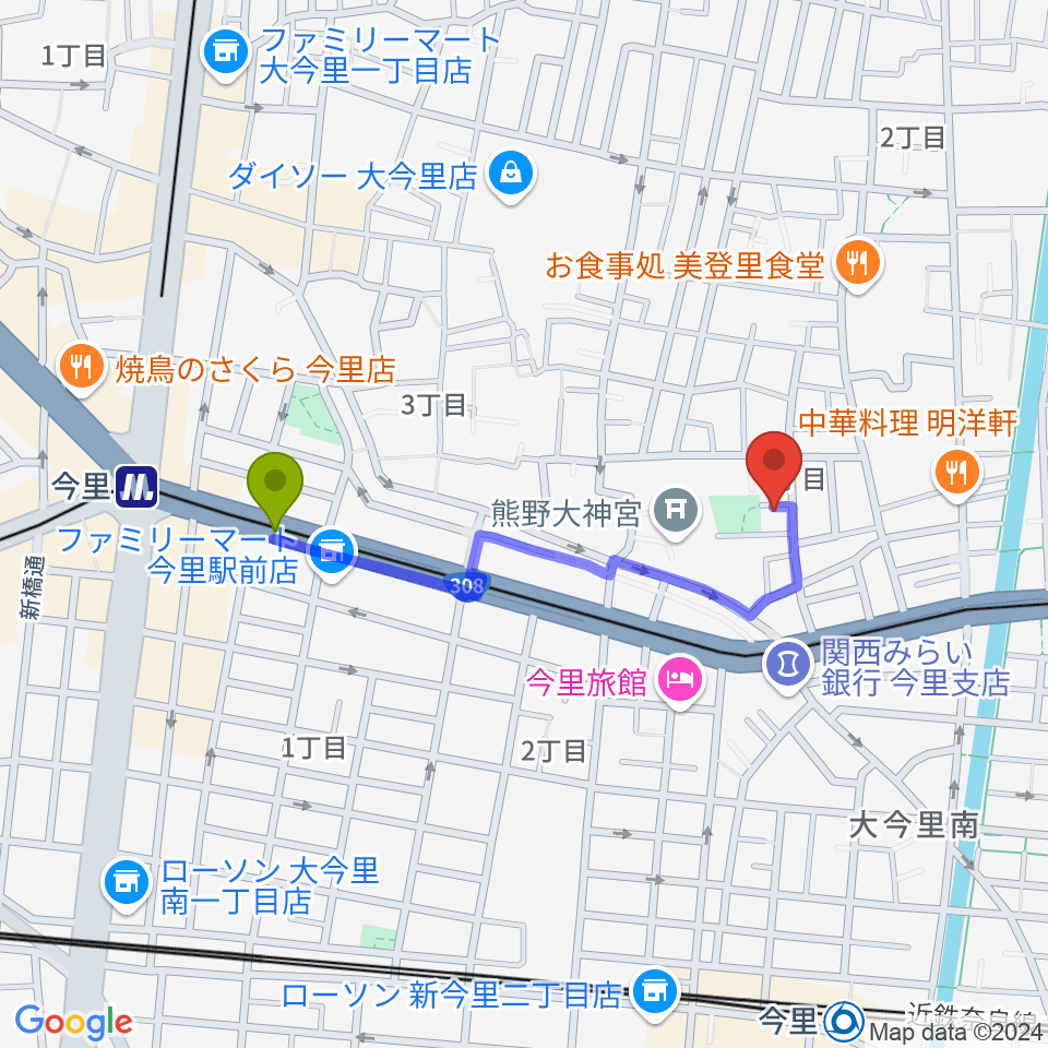 今里駅から羽賀エレキベース・ウクレレ教室へのルートマップ地図