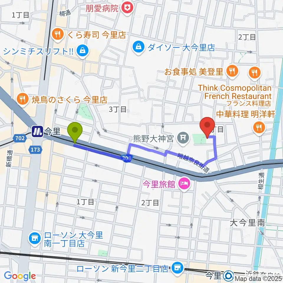 羽賀エレキベース・ウクレレ教室の最寄駅今里駅からの徒歩ルート（約7分）地図