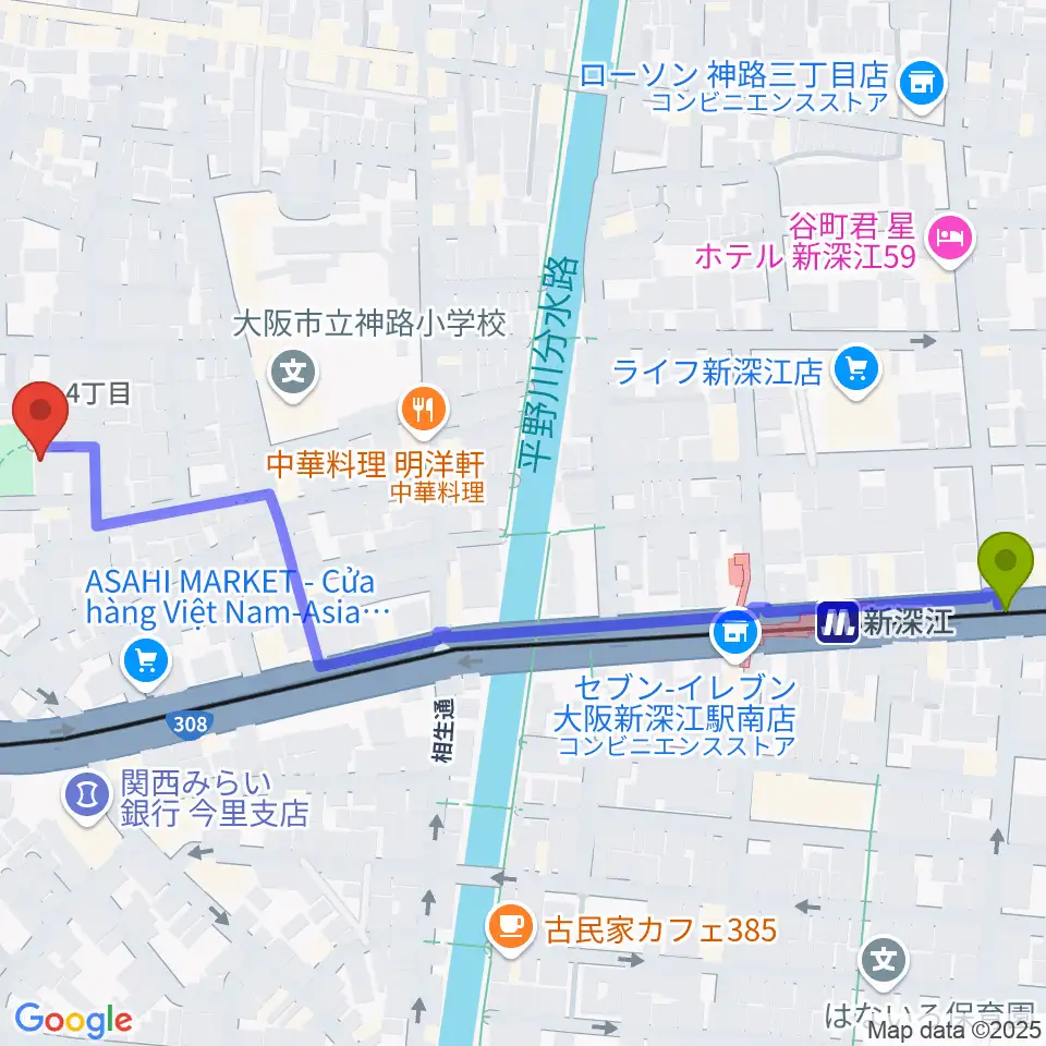 新深江駅から羽賀エレキベース・ウクレレ教室へのルートマップ地図