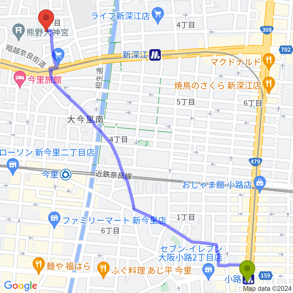 小路駅から羽賀エレキベース・ウクレレ教室へのルートマップ地図