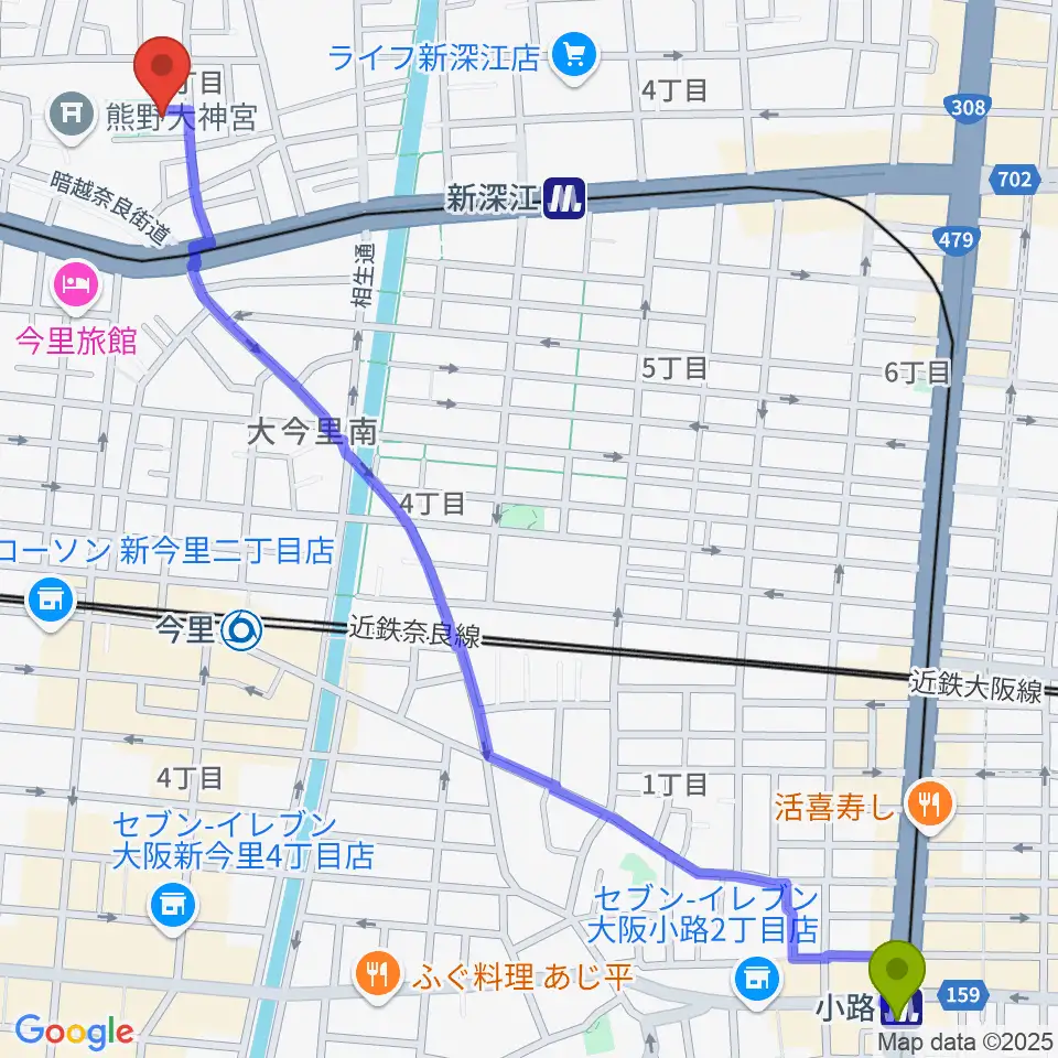 小路駅から羽賀エレキベース・ウクレレ教室へのルートマップ地図