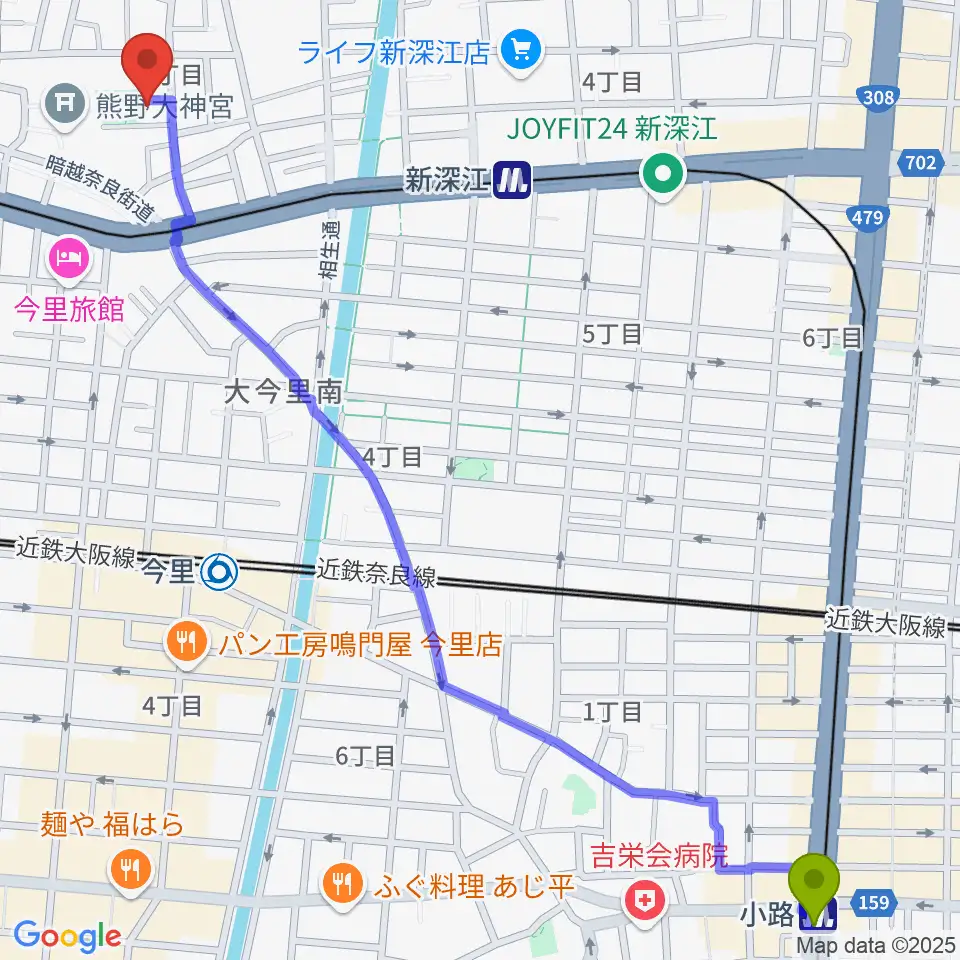 小路駅から羽賀エレキベース・ウクレレ教室へのルートマップ地図