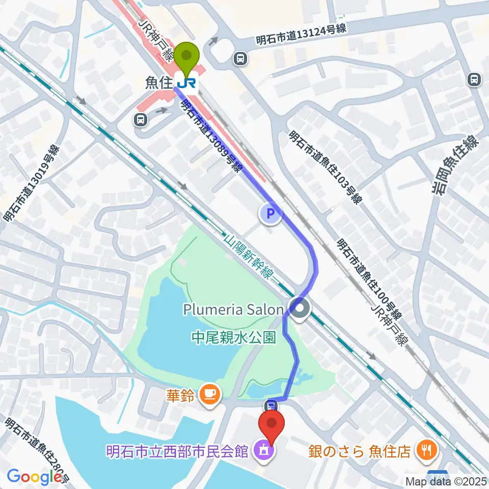 明石市立西部市民会館の最寄駅魚住駅からの徒歩ルート（約6分）地図